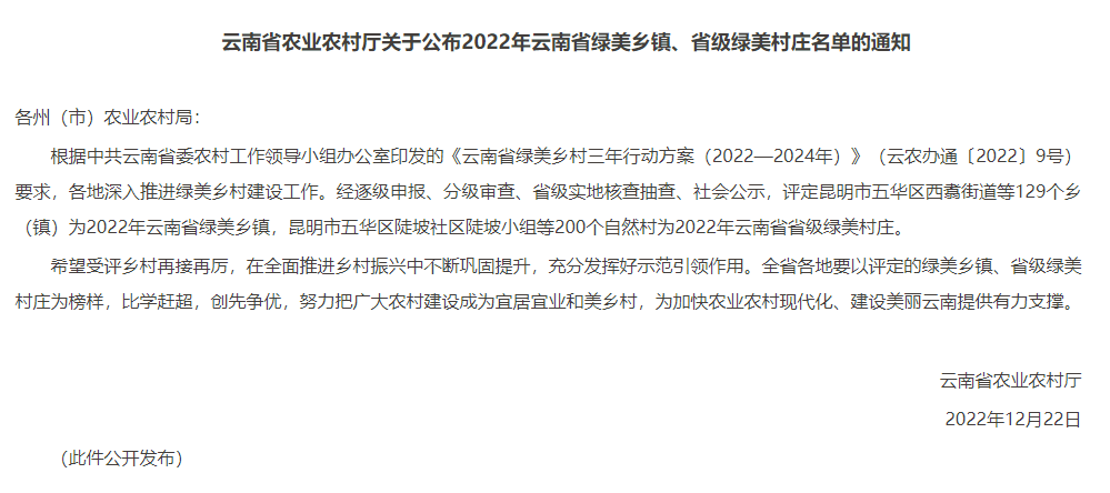 2022年云南省绿美乡镇、省级绿美村庄名单公布