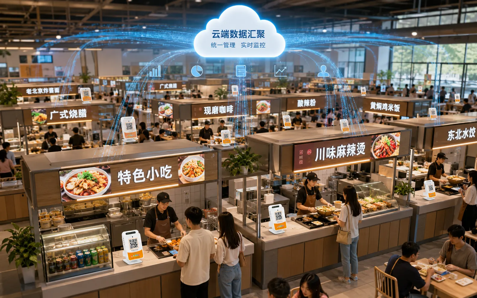 景区收款云音响应用场景：美食广场多档口统一管理场景