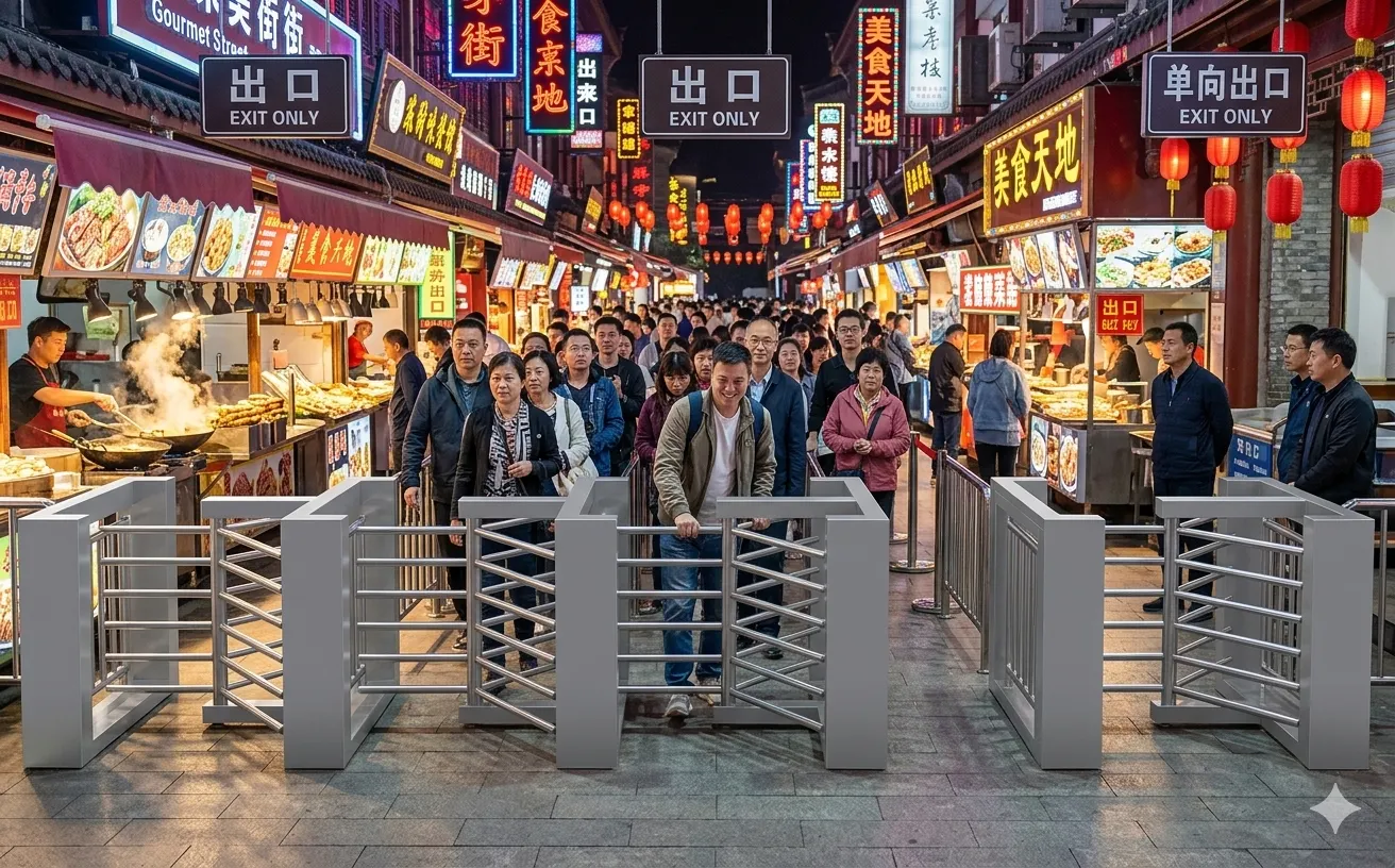 景区半高单向门应用场景：景区美食街出口分流场景