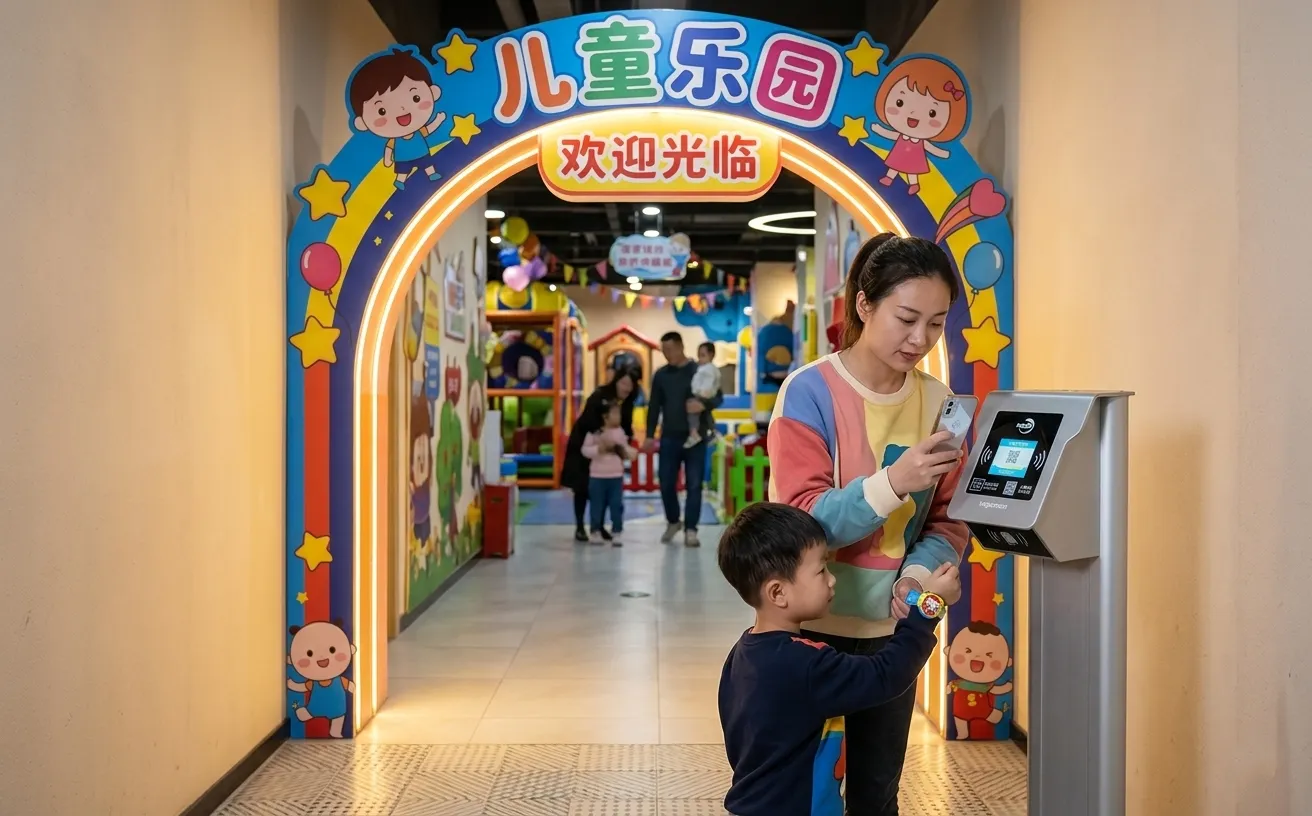 景区立柱式检票机应用场景：儿童乐园亲子通道验票场景