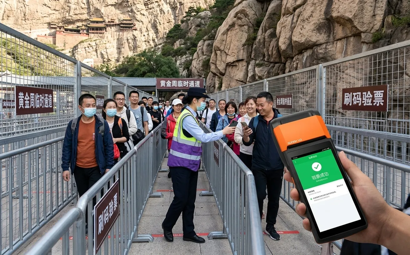 景区移动手持检票机应用场景：景区节假日临时通道验票场景