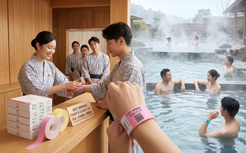 景区纸质腕带应用场景：温泉度假村分日管理场景