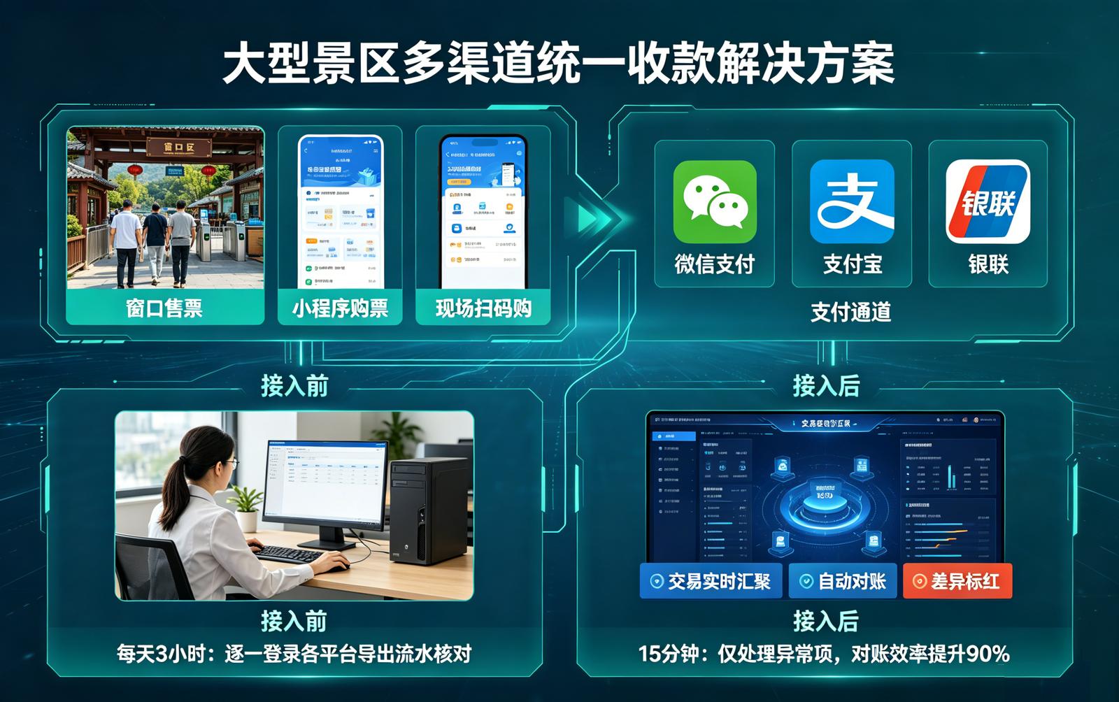 景区支付中台应用场景：大型多渠道统一收款