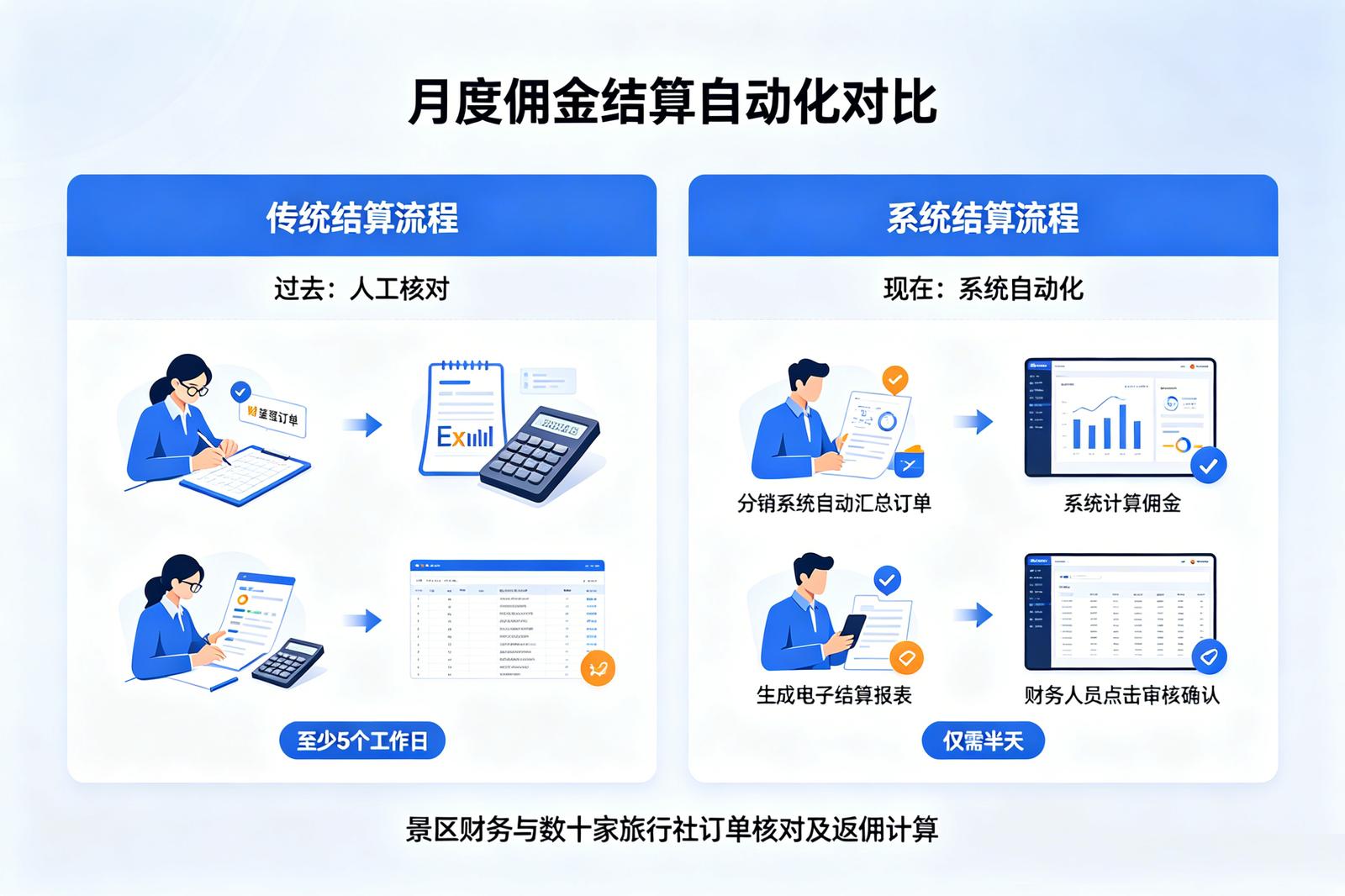 景区旅行社分销系统应用场景：月度佣金结算自动化