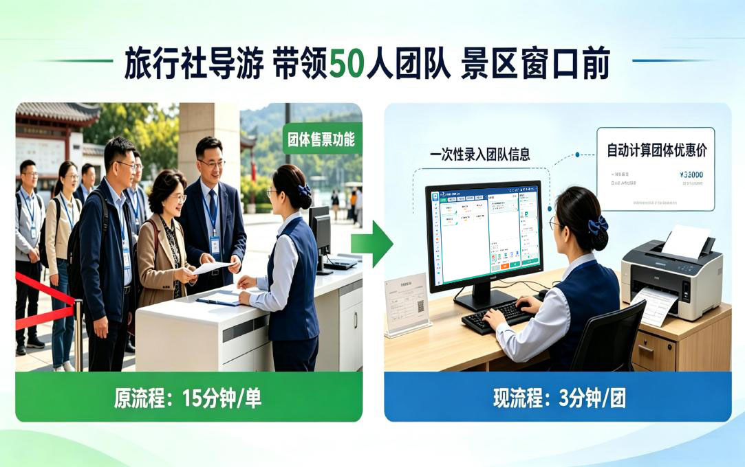 景区窗口售票系统应用场景：团体票快速处理