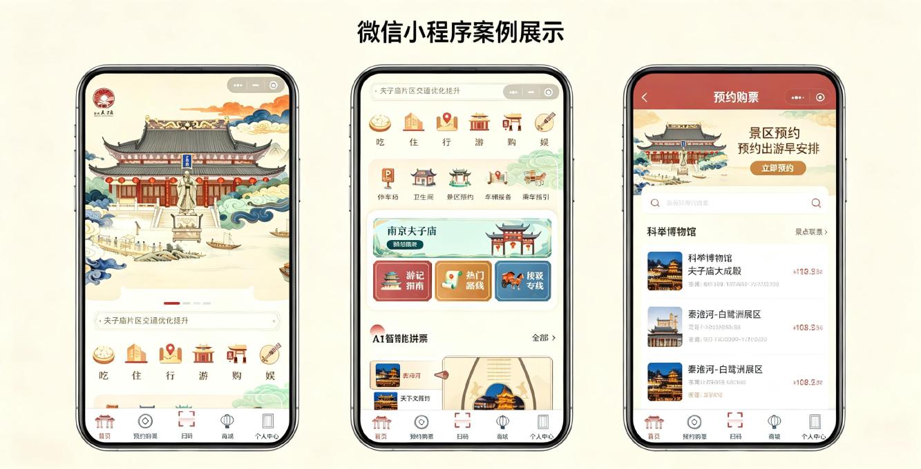 景区微信购票小程序系统界面：小程序首页 — 介绍、门票预订、热门景点一站式展示