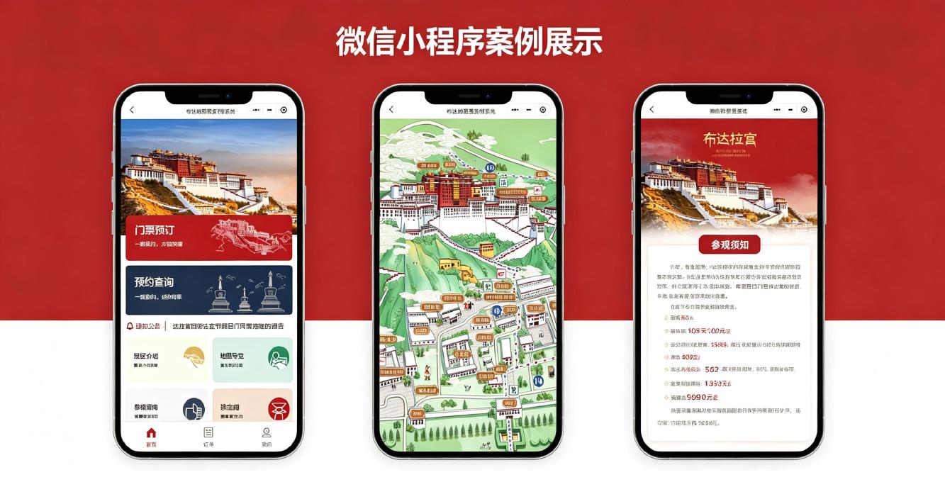 景区微信购票小程序系统界面：定制化界面 — 支持特色风格定制，吃住行游购娱全覆盖