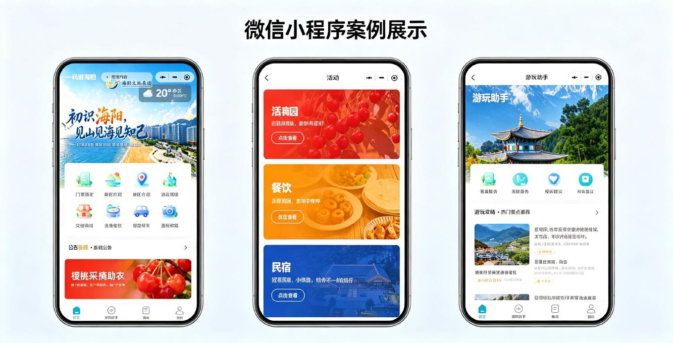景区微信购票小程序系统界面：门票预订 — 在线预约、地图导览、参观须知完整呈现