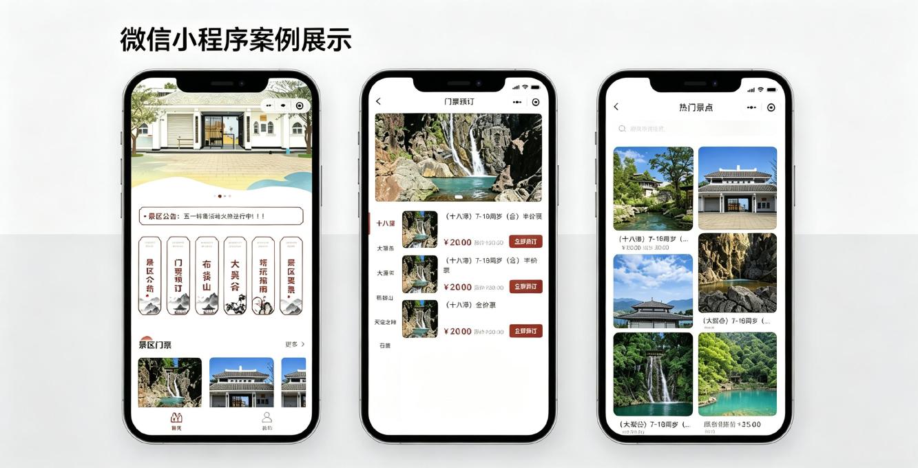 景区微信购票小程序系统界面：游玩助手 — 活动推荐、餐饮民宿、攻略指南一应俱全