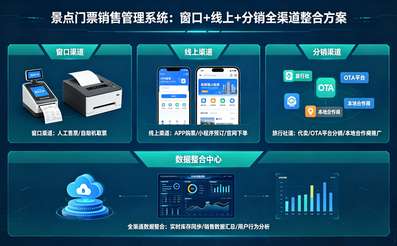 景点门票销售管理系统:窗口+线上+分销全渠道整合方案 景点门票销售管理系统:窗口+线上+分销全渠道整合方案